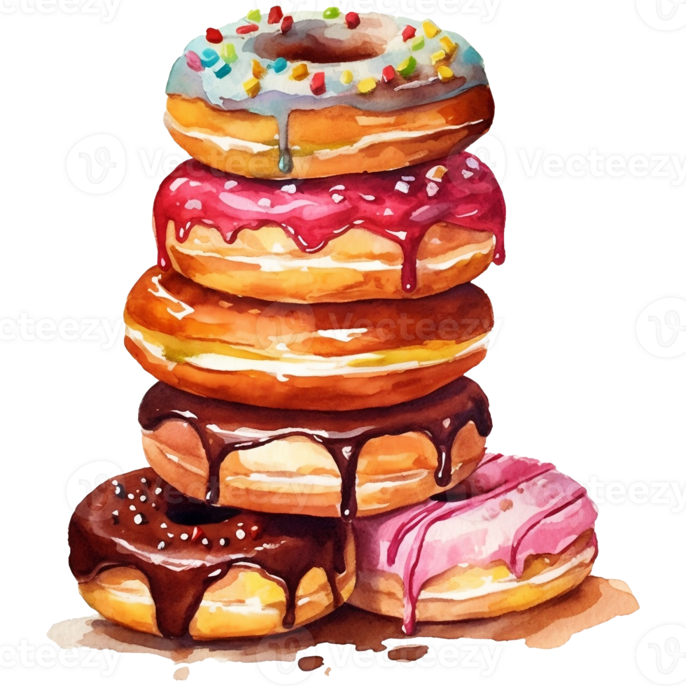 Watercolor illustration of a stack of delicious donuts with icing and sprinkles png