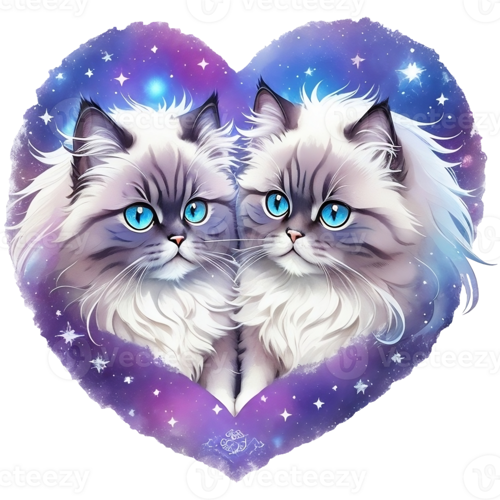 Two cats in the shape of a heart, Watercolor illustration png