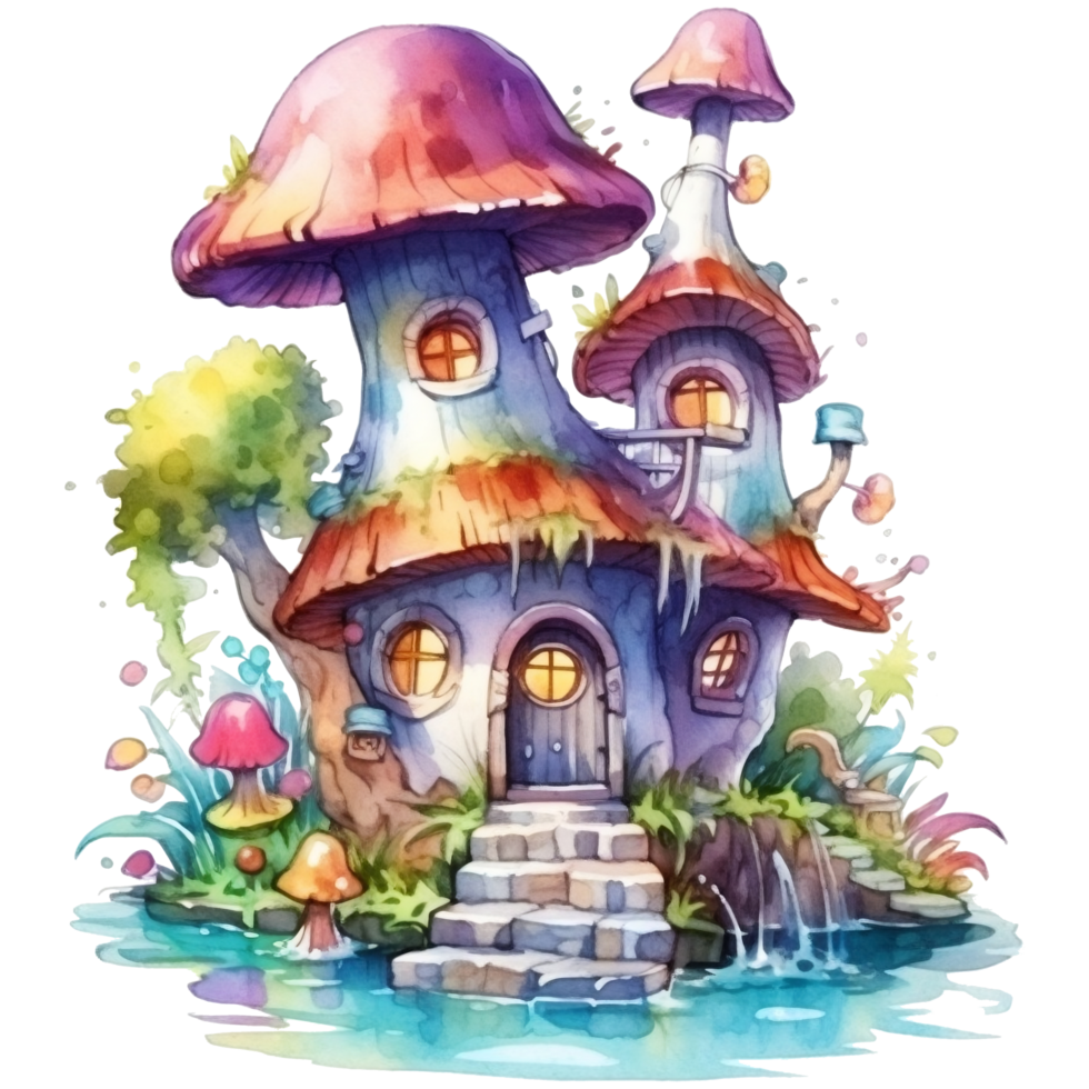 Illustration von ein Märchen Haus auf ein Baum mit ein Menge von Blumen ai generativ png