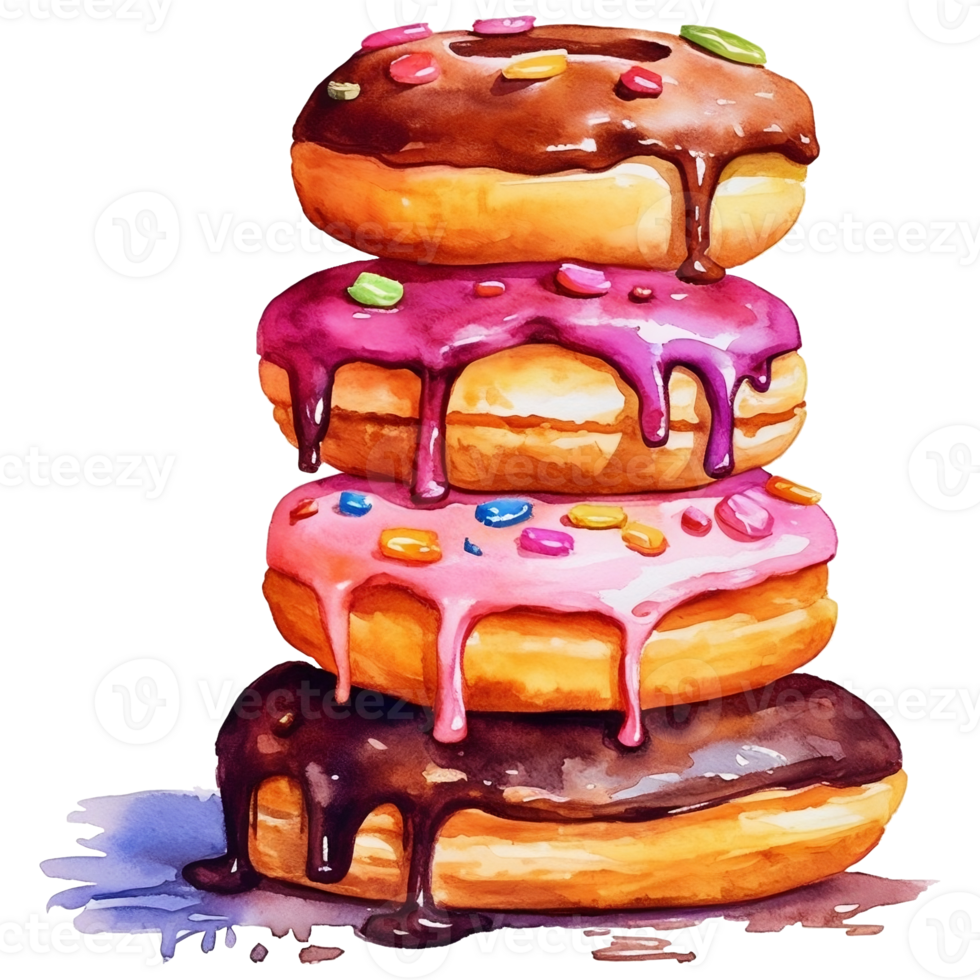 Watercolor illustration of a stack of delicious donuts with icing and sprinkles png