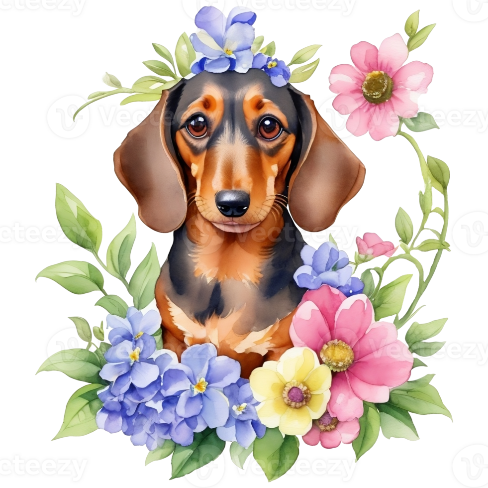 Dog with flowers Watercolor illustration isolated, AI Generative png