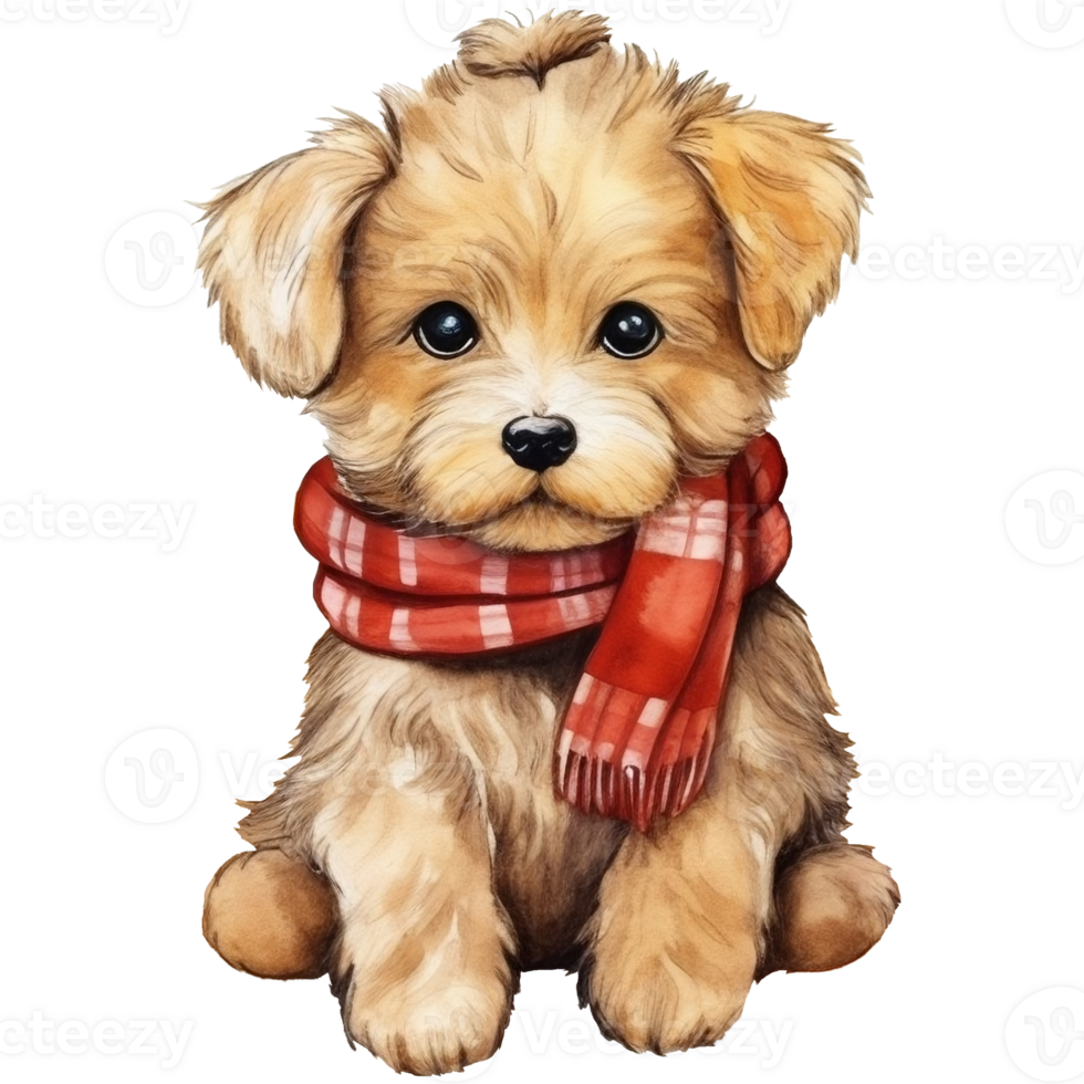 Cute puppy dog in scarf. Watercolor illustration, Hello Autumn AI Generativ png