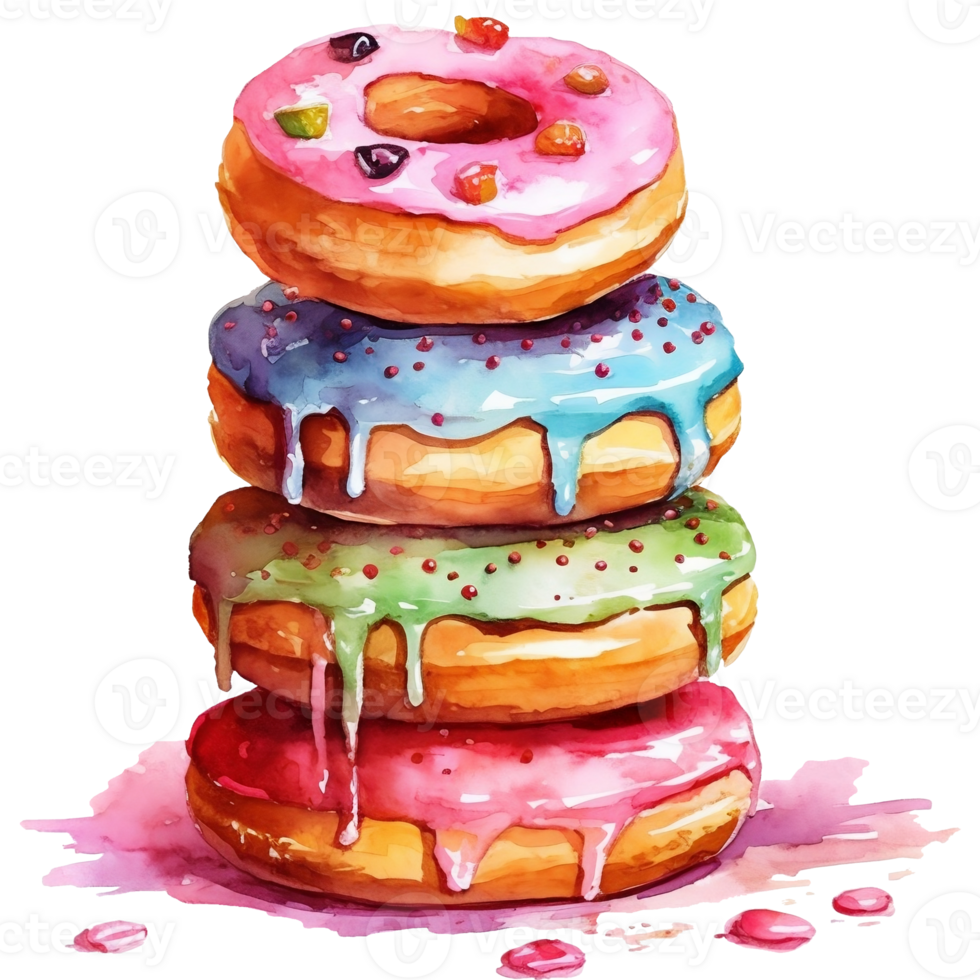 Watercolor illustration of a stack of delicious donuts with icing and sprinkles png