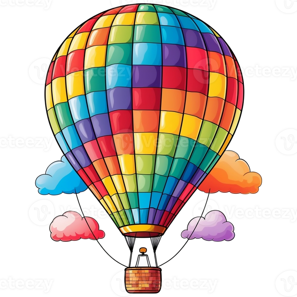 A colorful hot air balloon is flying in the sky, Watercolor illustration png