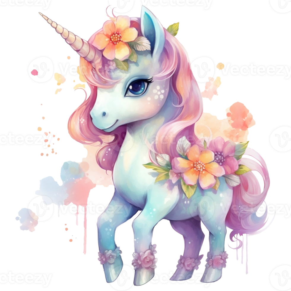 Cute unicorn with spring flowers watercolor illustration, png