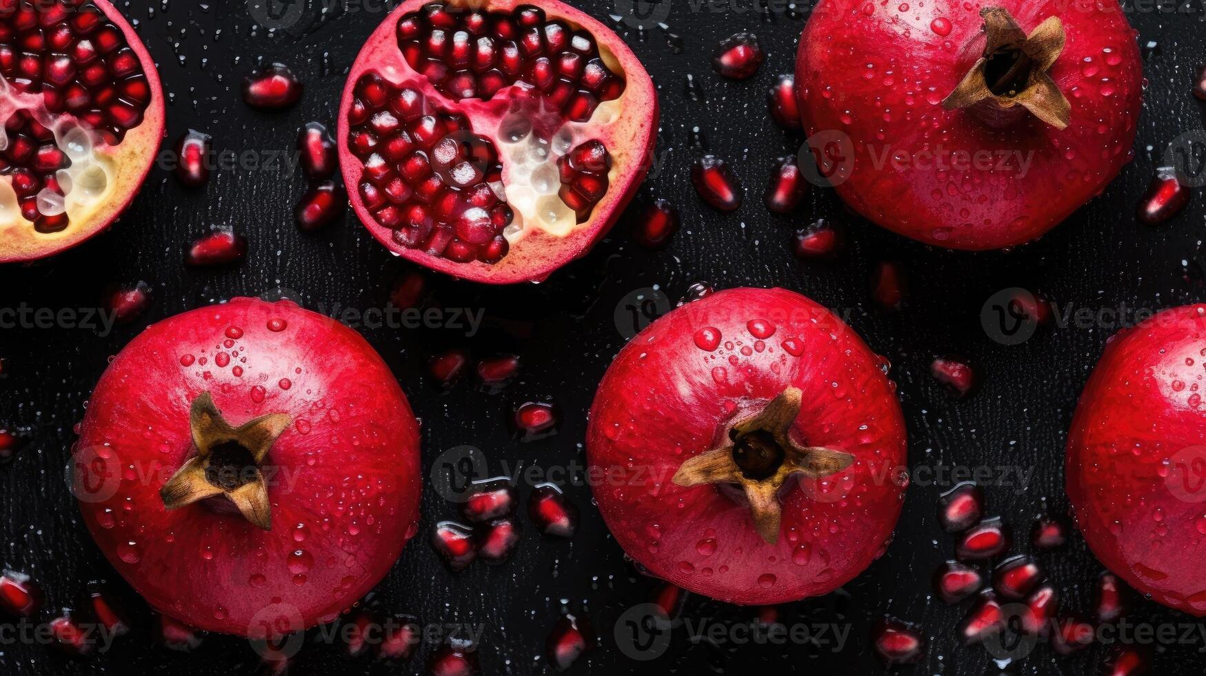 Pomegranate fruits on dark background, top view. photo