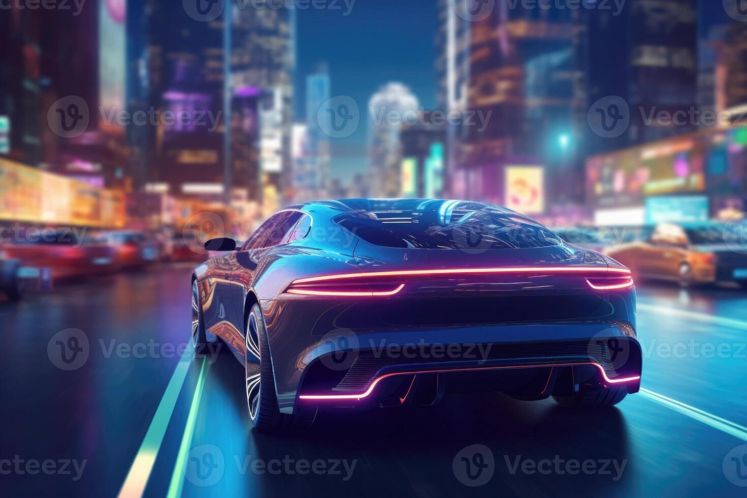A self driving car navigating through city. Technology iot. Smart city. photo