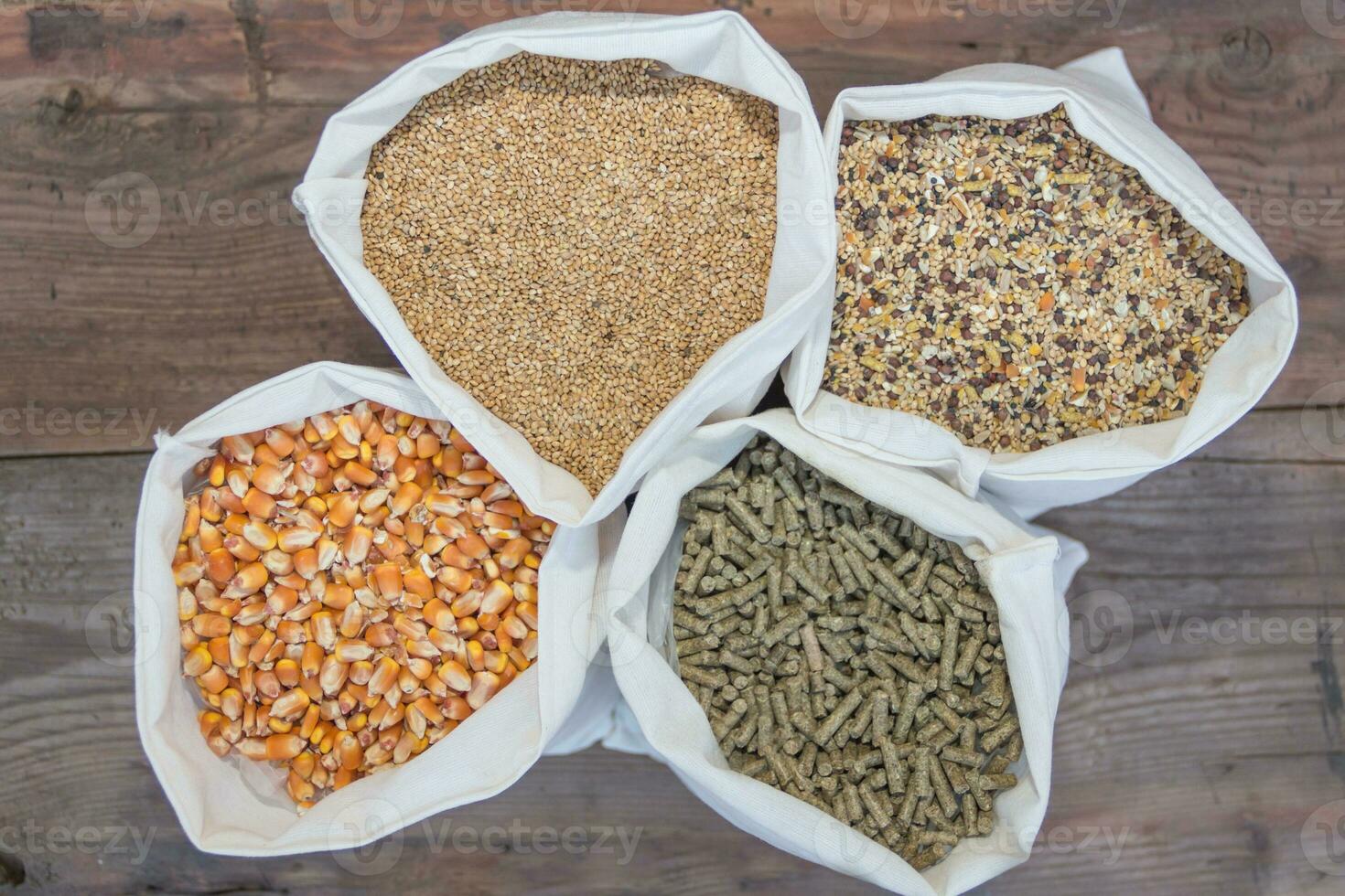 overhead view of bags with grains and pellets for sale at the forage photo