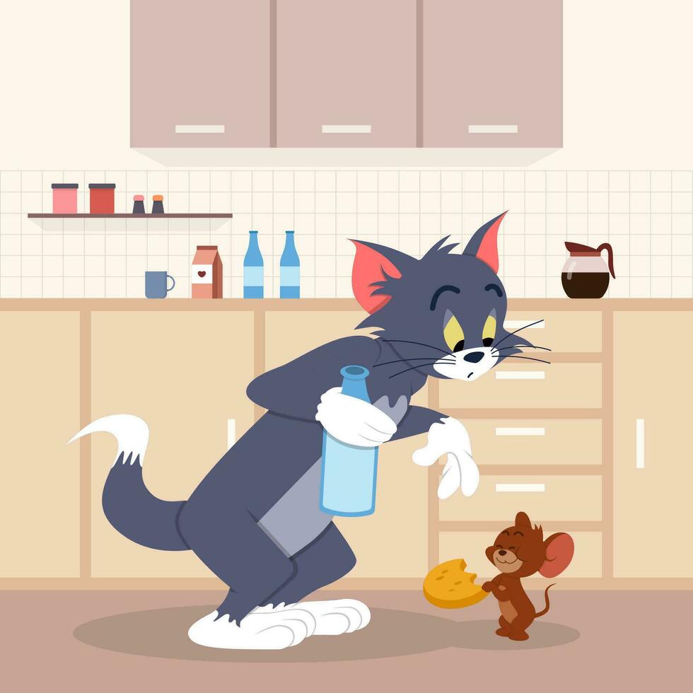 Cute Cat and Mouse Eating Cookies in The Kitchen vector