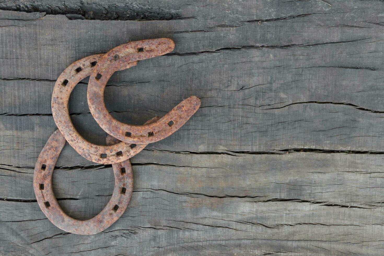 old rusty horseshoes on rustic wood with place for text photo