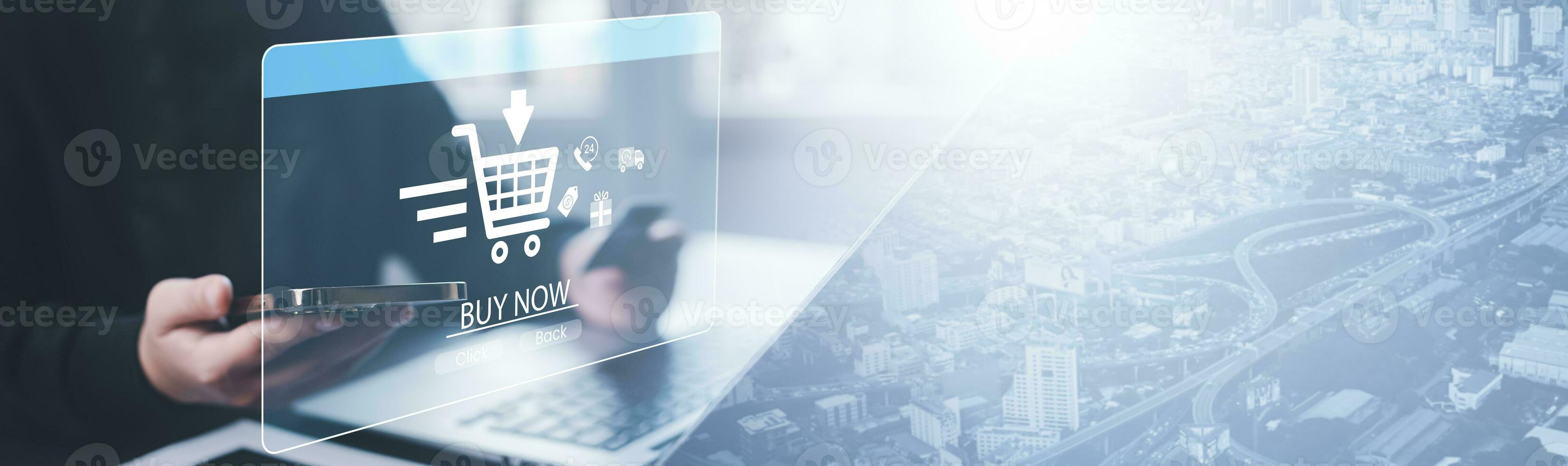 Man using a laptop with typing on a keyboard with online shopping concept, Shopping cart part of the network in hand, Innovation in eCommerce, Online shopping business with selecting shopping cart. photo