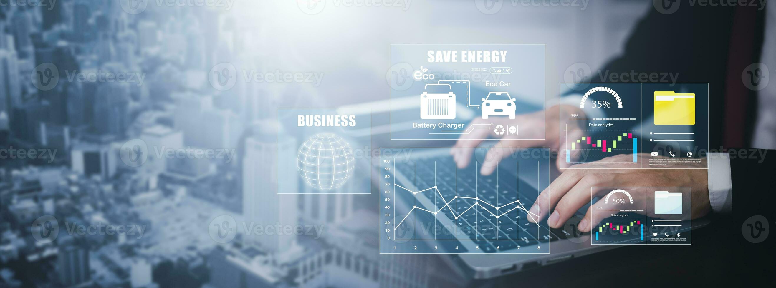 Man using laptop with global network connection with virtual modern reduce CO2 emission concept with icons, global warming emissions carbon footprint climate change to limit global warming, energy photo