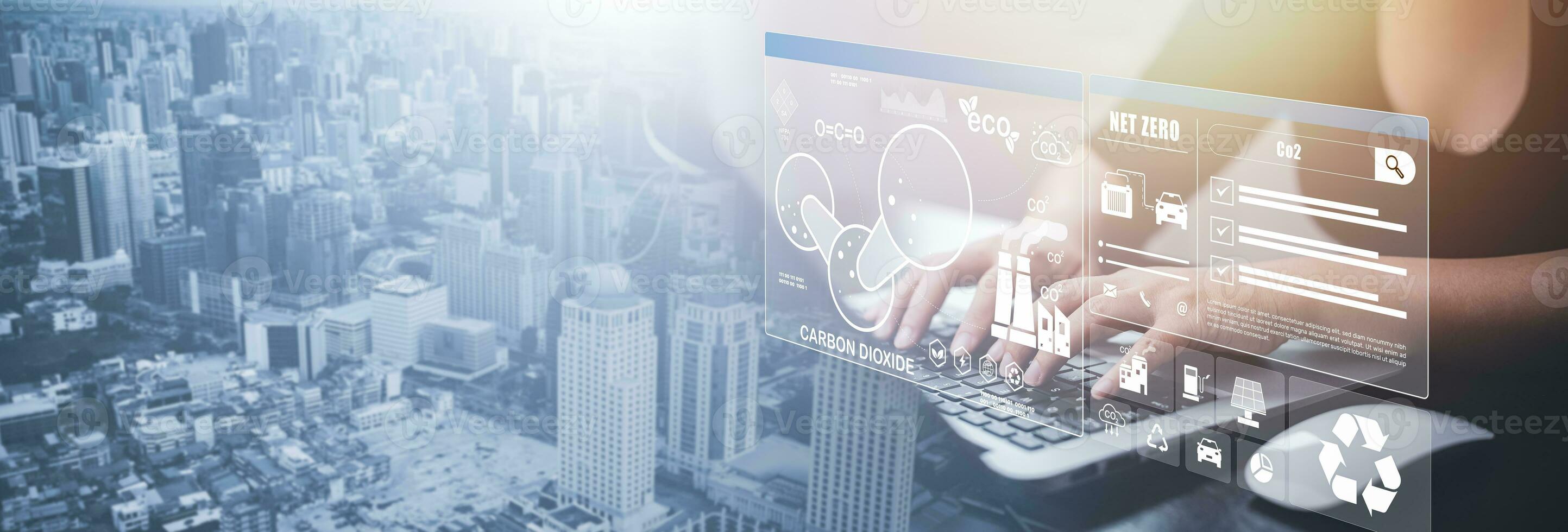 Hand using laptop with global network connection with virtual modern reduce CO2 emission concept with icons, global warming emissions carbon footprint climate change to limit global warming, energy photo