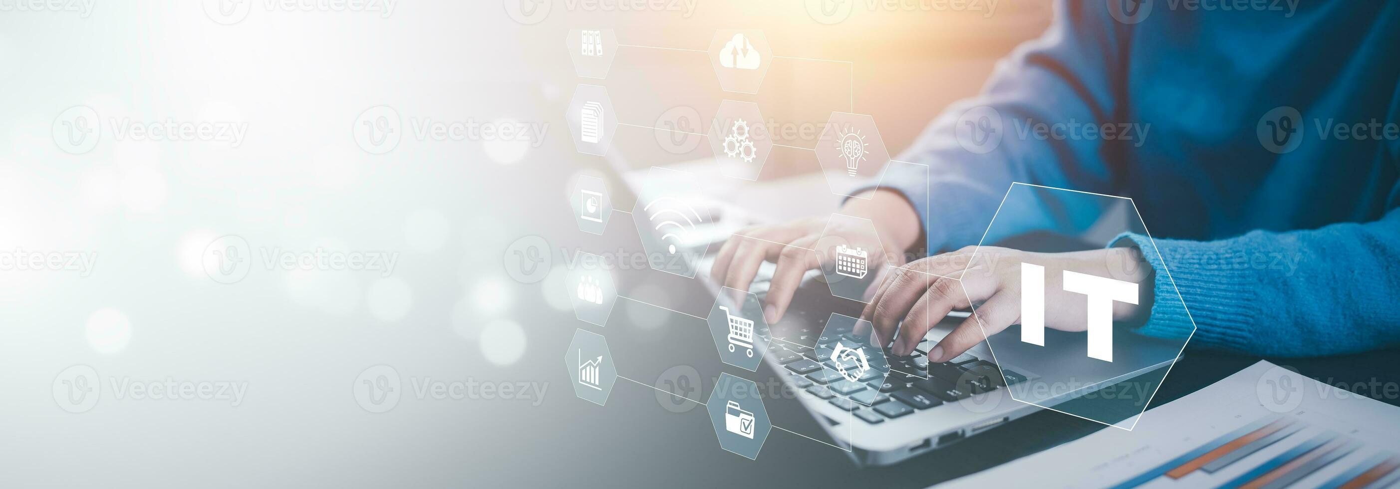 IT Consulting Presents Tag Cloud on Information Technology Concept, Business people using laptops with Consulting Presents global internet connection technology business, digital marketing, big data. photo
