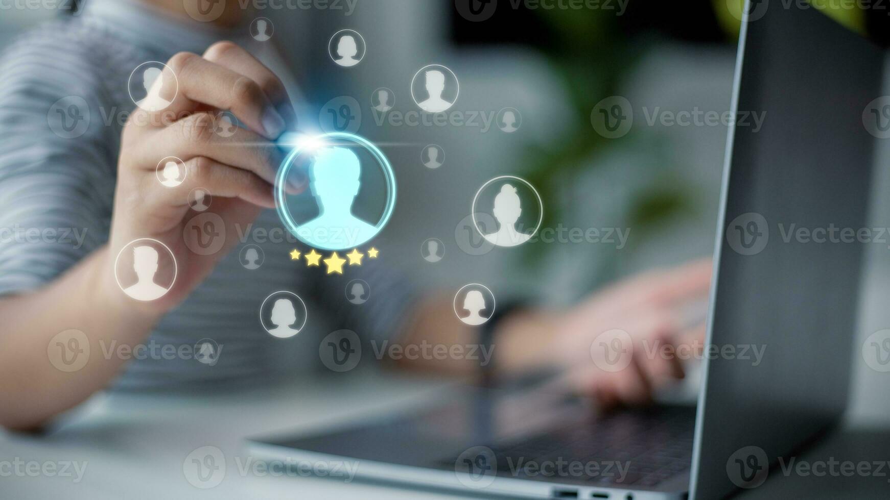 Online recruitment application specialist search service concept with virtual cards with rating and profile information on a smartphone in hand. photo