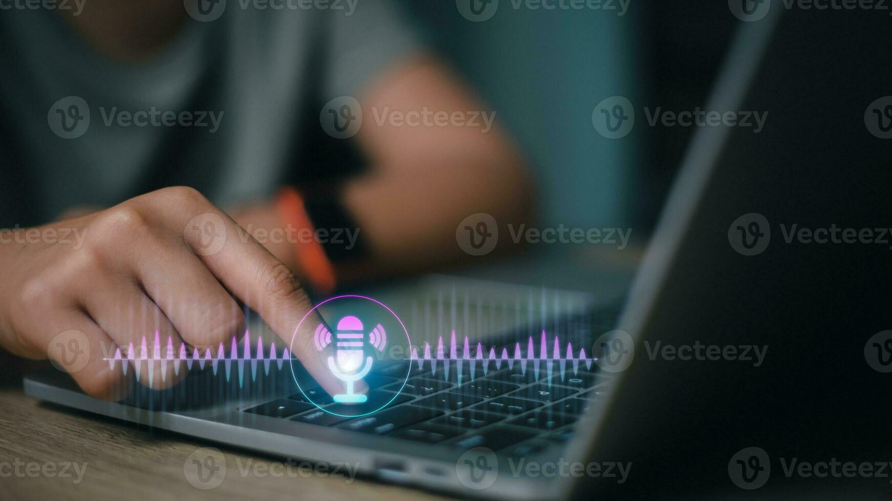 Voice recording the conversation via computer with customers, telemarketing, consulting, voice assistance access to information and applications, write a message and send a message. photo