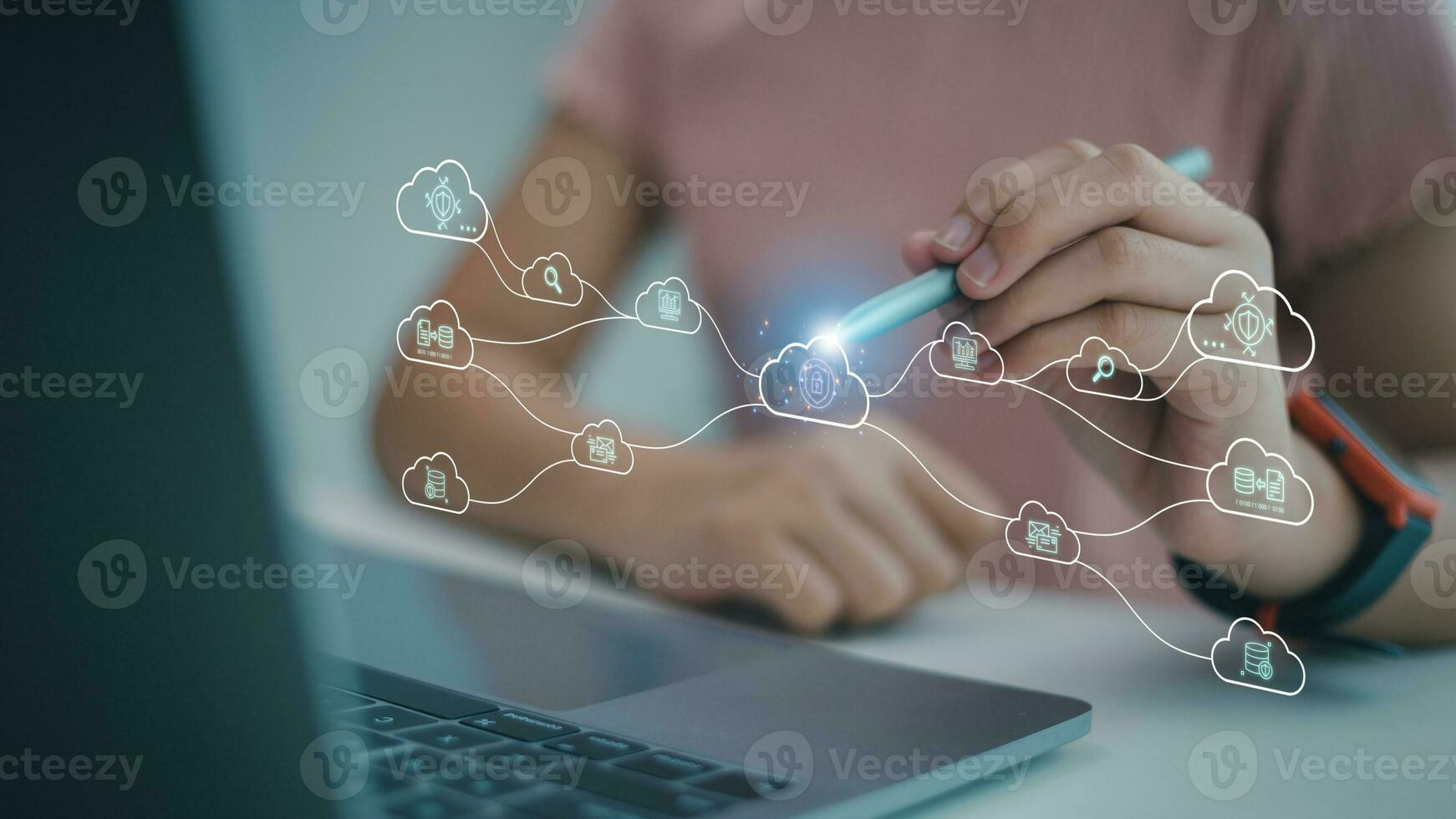 Women with cloud computing diagrams. Cloud technology concept. Data storage. Networking and Internet service concept. photo