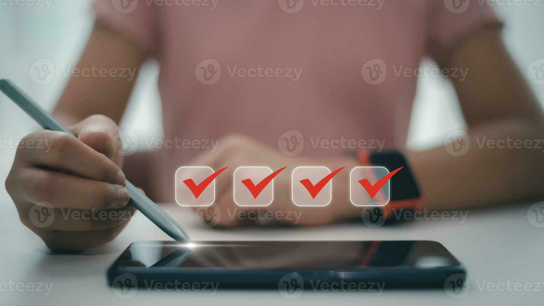 Checklist concept, validation. women mark on the checkbox with a check mark. photo