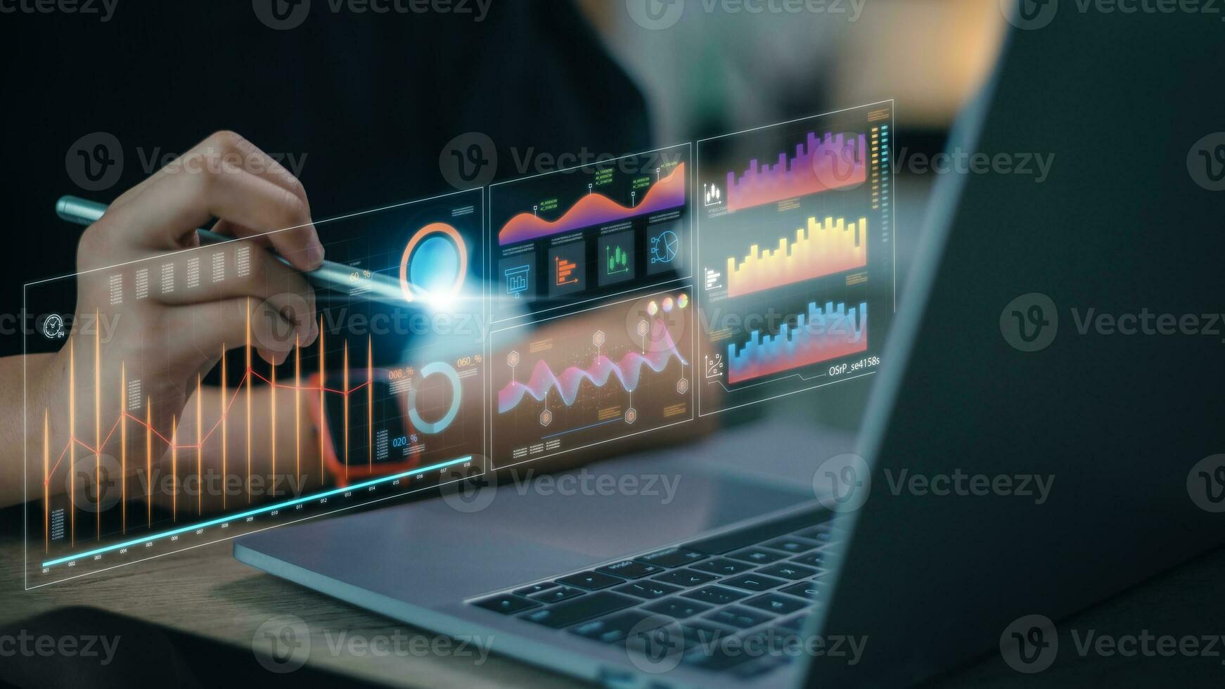 Data analysis concepts. Businesswomen calculate financial data for long-term investments. Businesswomen analyze the profitability of working companies with digital augmented reality graphics, photo