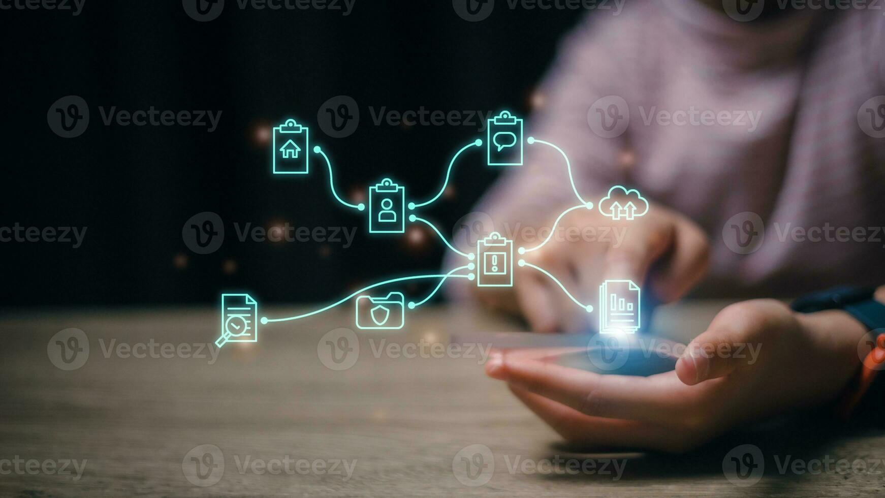 Document Management System DMS, online documentation database and process automation to efficiently manage files, knowledge and documentation in enterprise with ERP. Corporate business technology. photo
