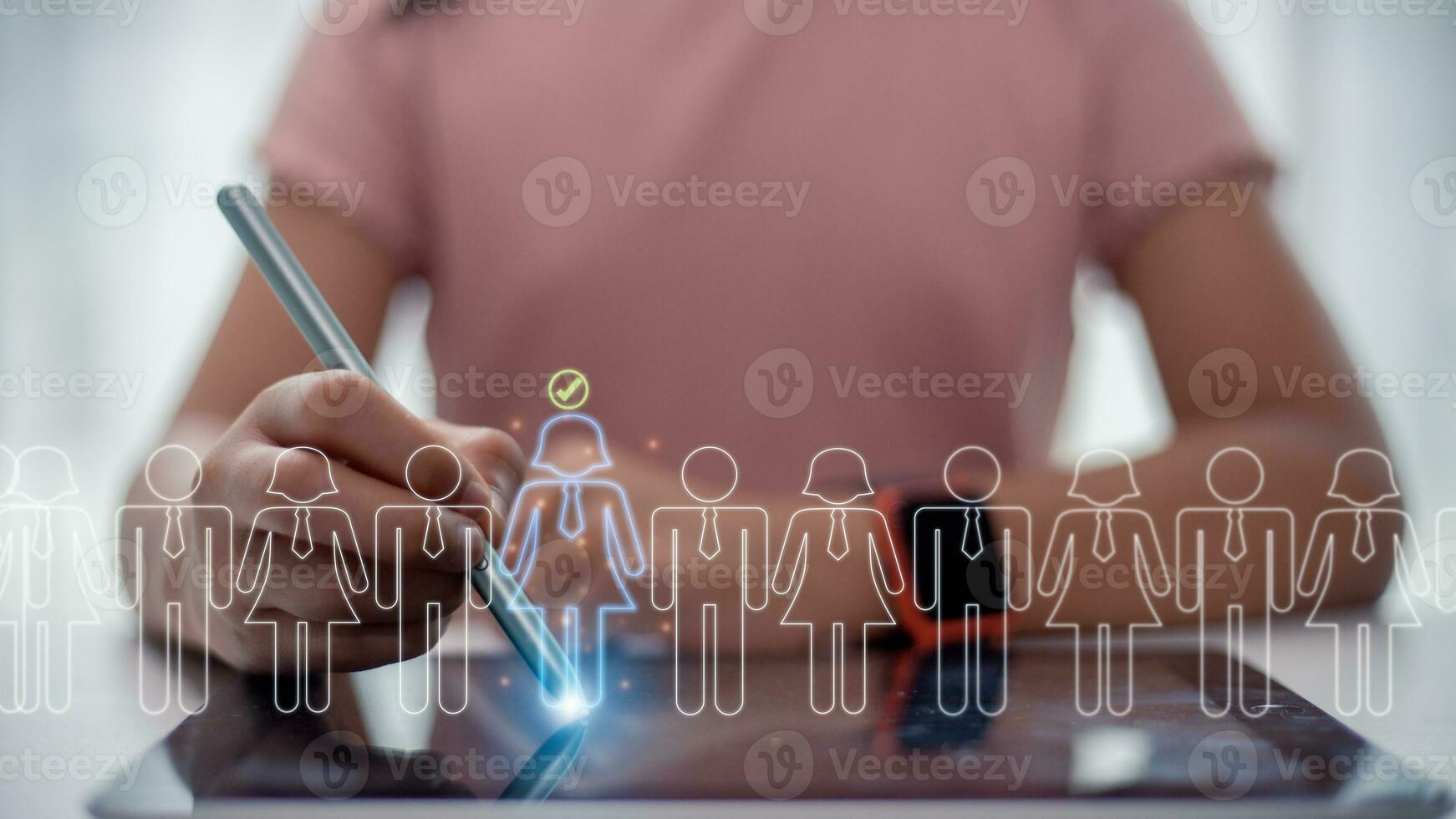 Online recruitment application specialist search service concept with virtual cards with rating and profile information on a smartphone in hand. photo