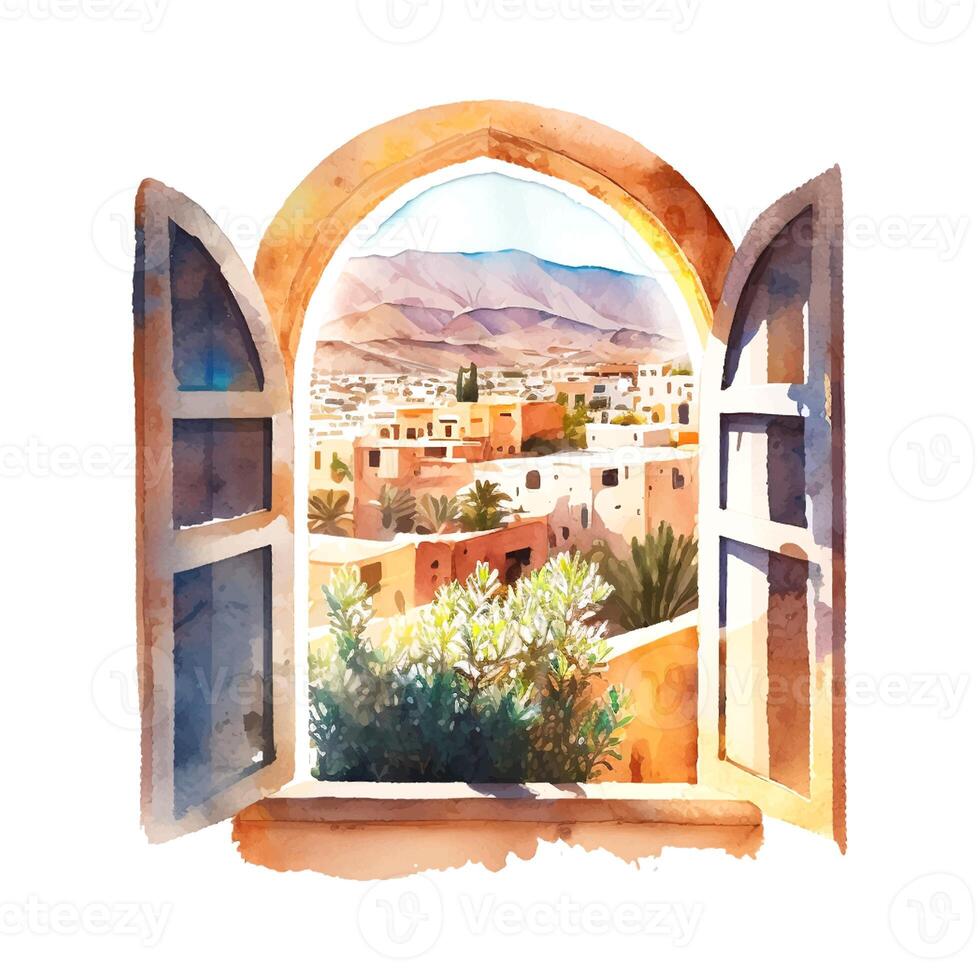 ai generado ver desde el ventana de el pintoresco paisaje en Marruecos África foto