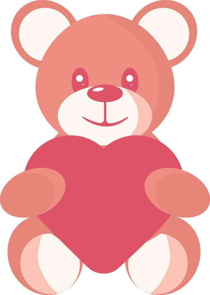 Vector Illustration Of Cute Teddy Bear Holding Heart In Red Color.