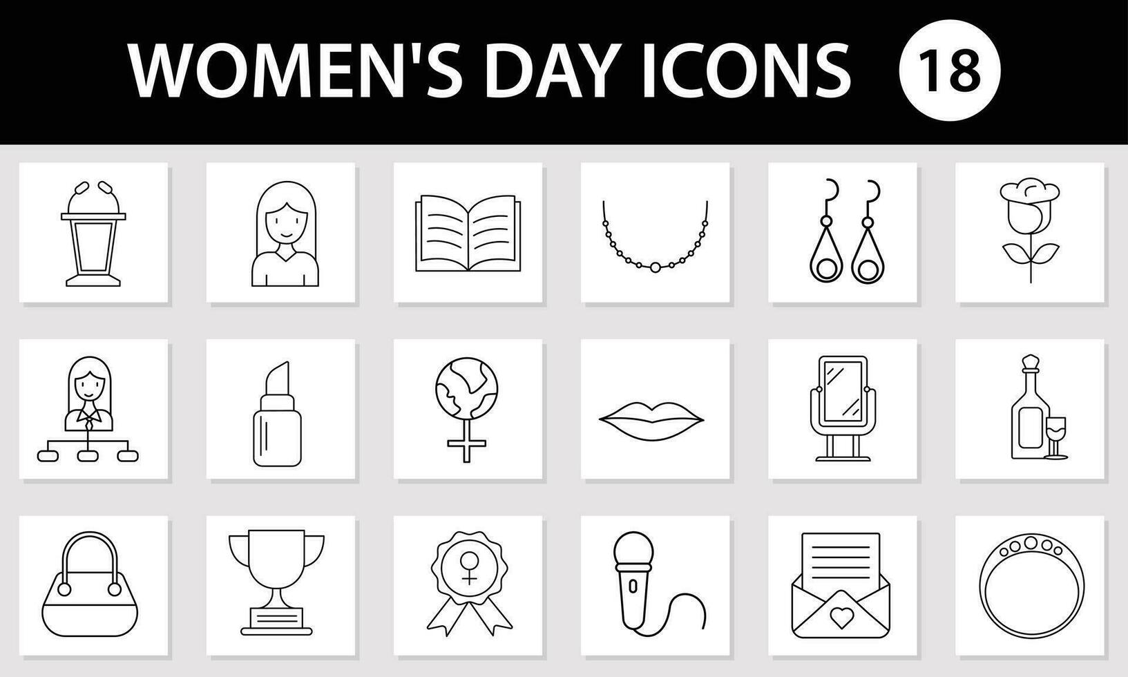 Black Thin Line Art Set Of Women's Day Celebration Icons On Square Background. vector