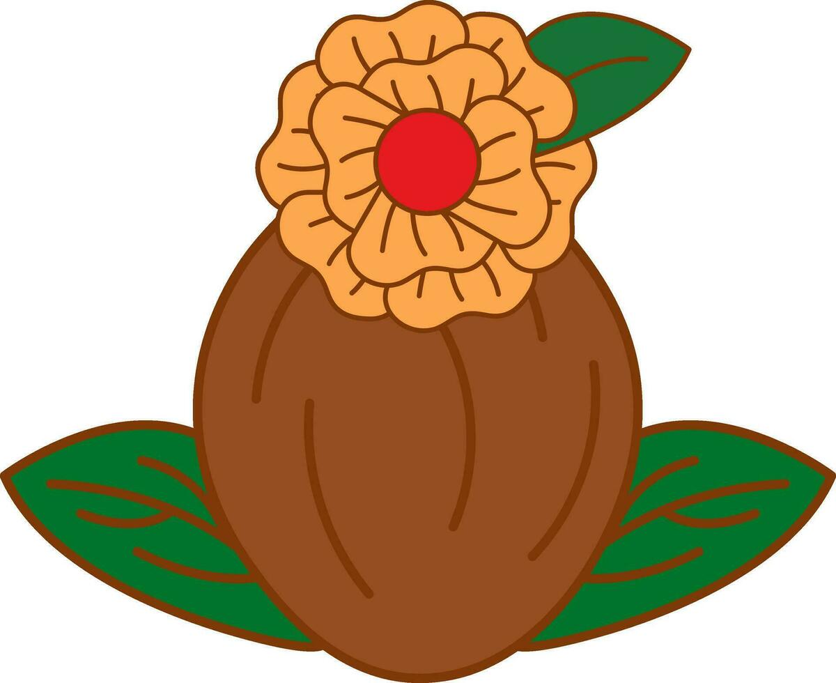 Flower On Coconut With Leaves Colorful Icon. vector