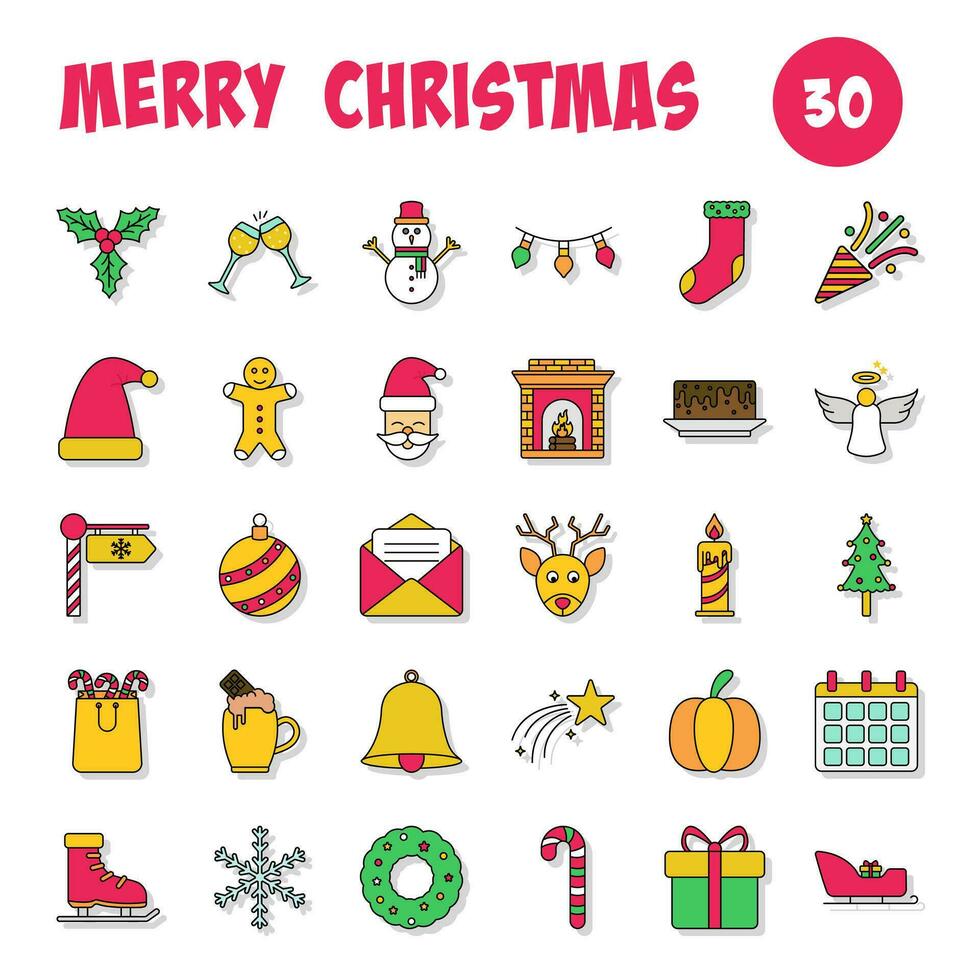 Isolated Merry Christmas Celebration 30 Icon Set In Flat Style. vector