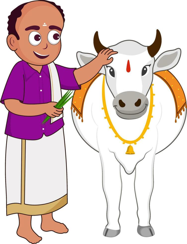 South Indian Man Feeding Grass To A Bull Or Cow Illustration. vector