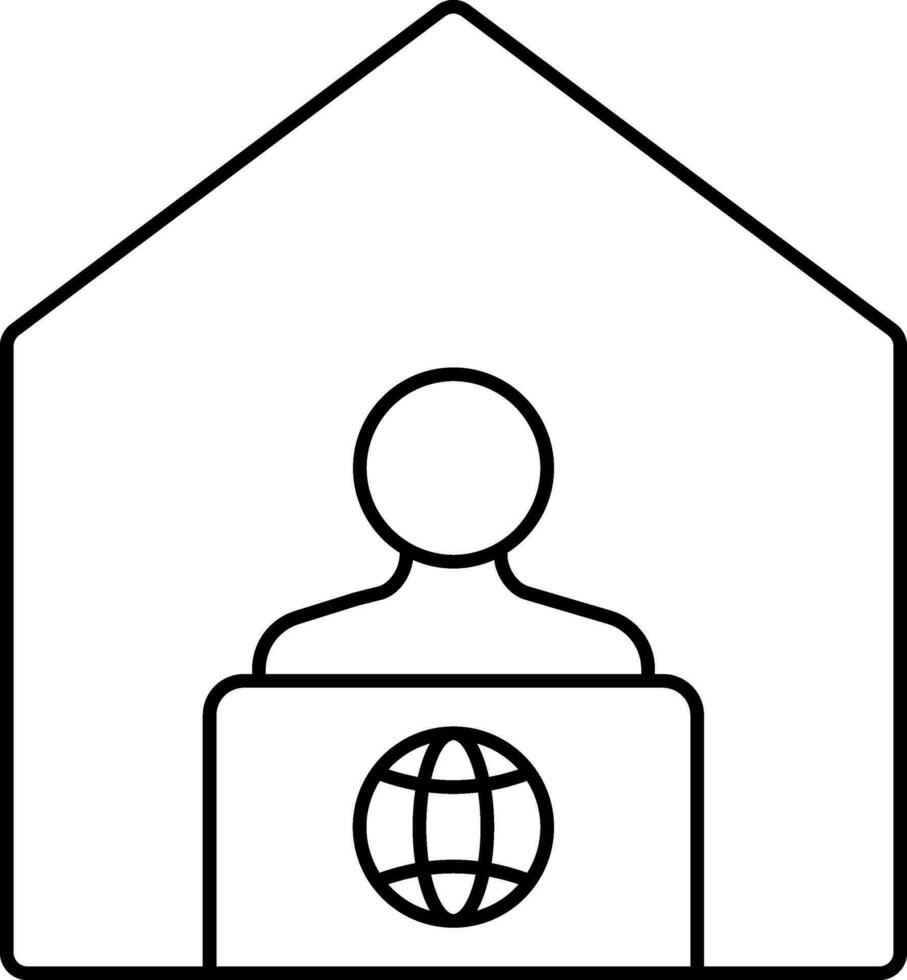Black Outline Man Working With Laptop in Home Icon. vector