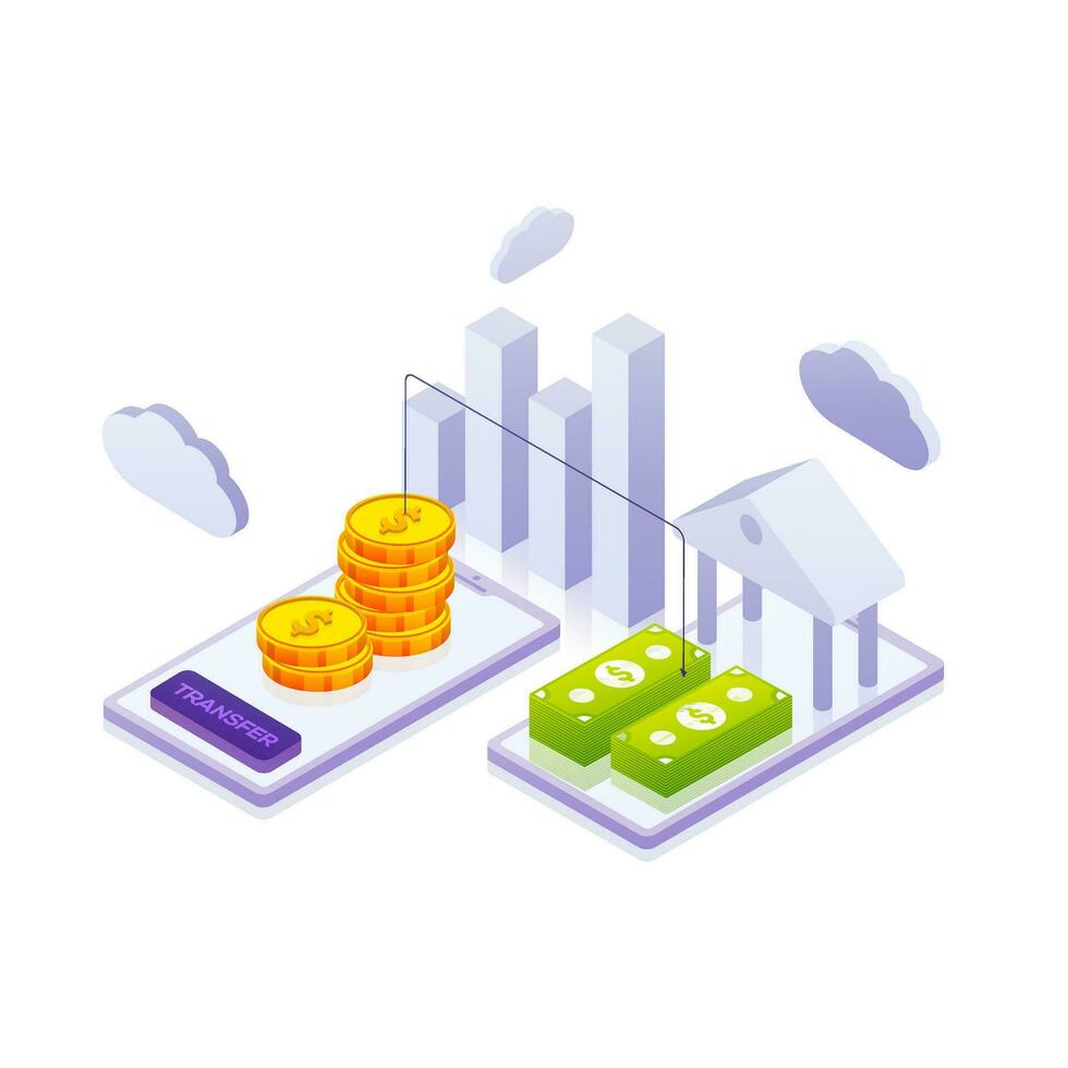 Online money transfer in smatrphone with financial graph and bank symbol. vector