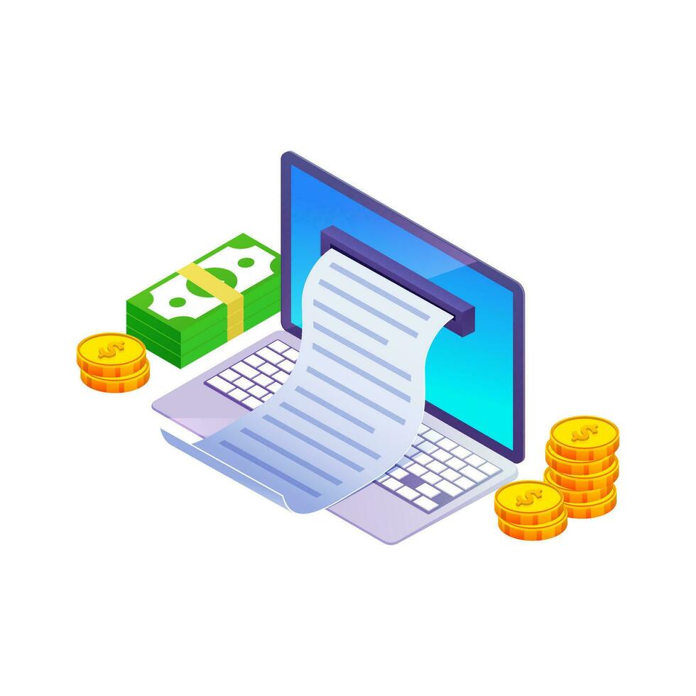 Online payment in laptop with receipt and stack of coins, money,. vector
