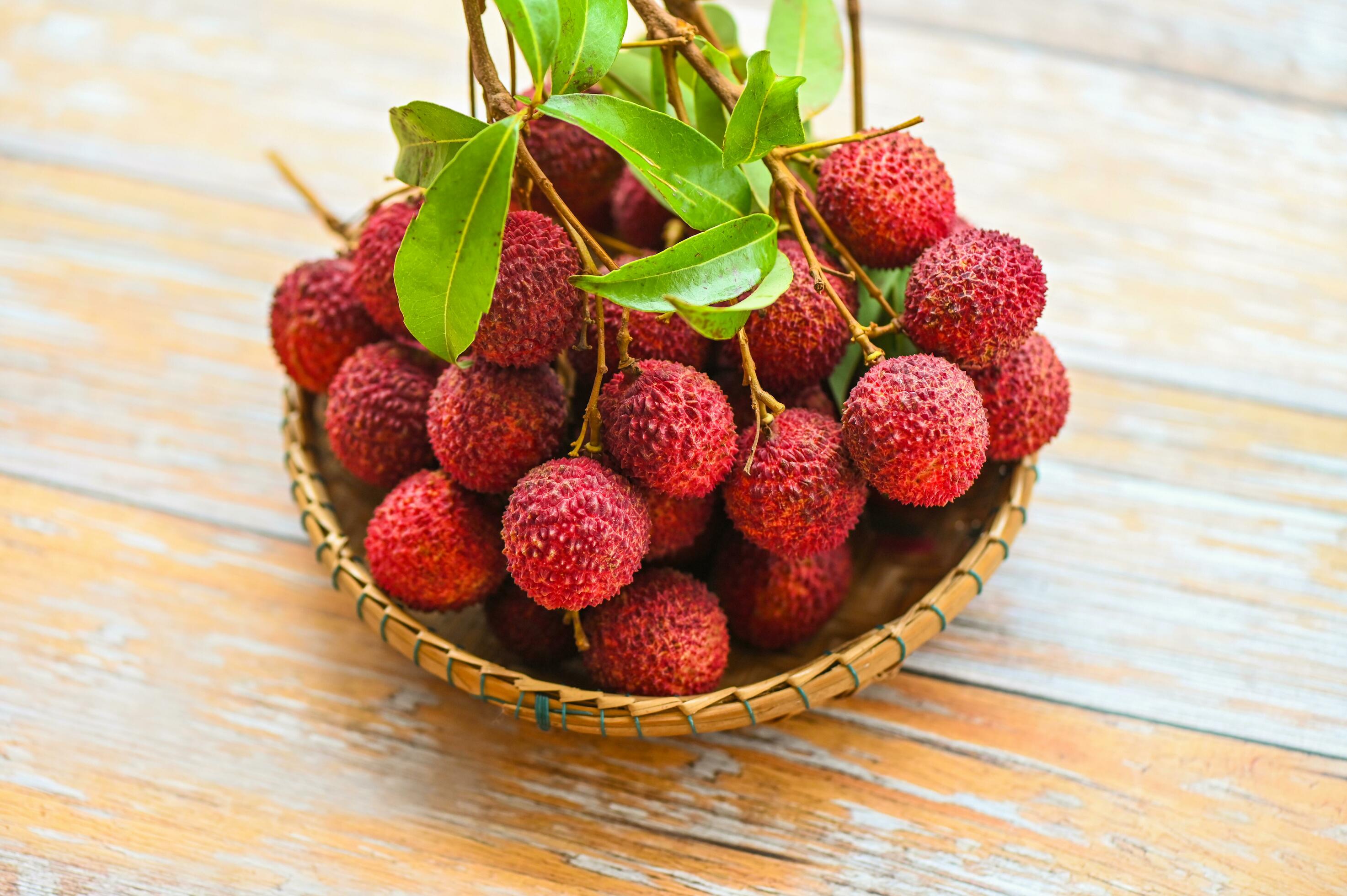 lychees on basket, fresh ripe lychee fruit tropical fruit peeled