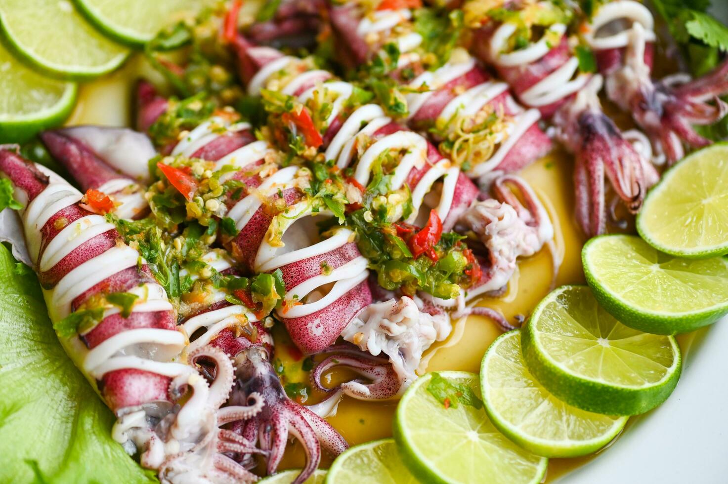 Steamed squid with lemon spicy chili and lemon sauce squid steamed with lime, Thai food seafood plate with herb and spices - top view photo