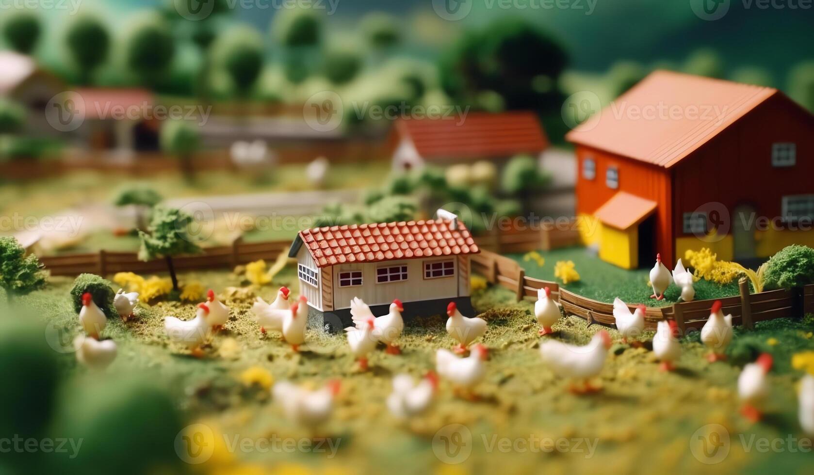 . Miniature Clay World Super Cute Freeze Frame Animation. Poultry Farming and Agricultural Machinery in Tilt Shift Landscape. Excellent Lighting Enhances Volume with Brush Rendering. photo