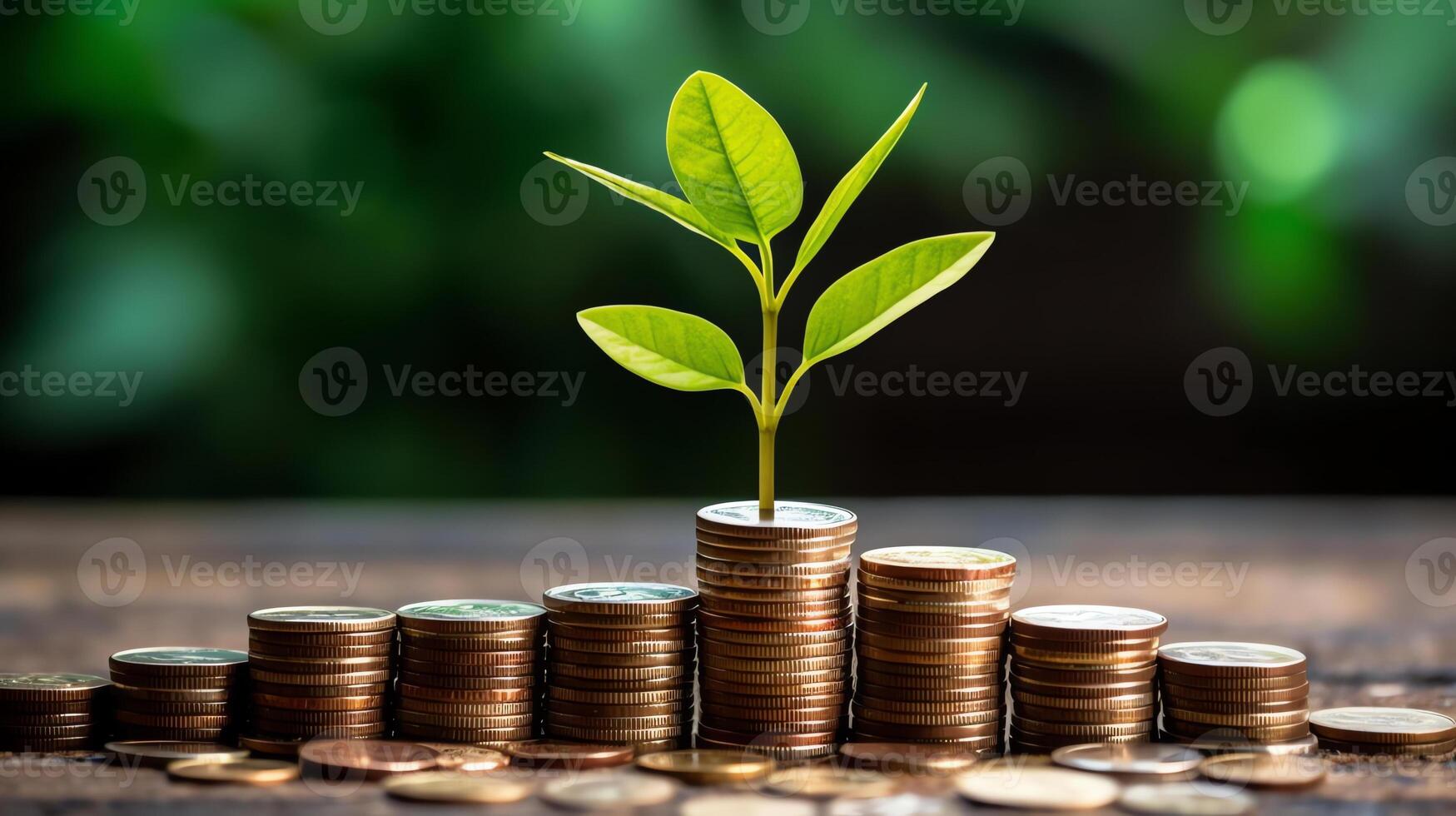 . Growing Seedlings on Stacked Coins. Finance and Investment Concept for Saving Money and Business Growth. Profitable Financial and Business Ventures photo