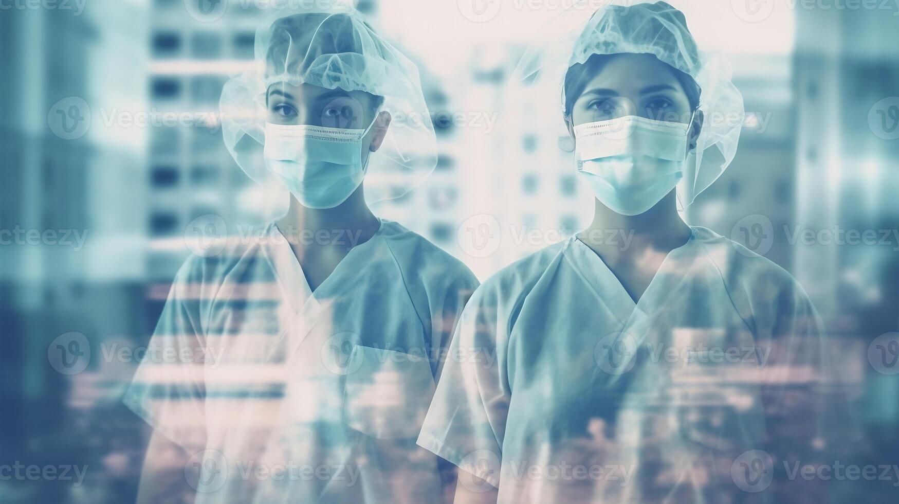 . Team of Doctors and Nurses in Hospital Background. Double Exposure of Healthcare Professionals. . photo