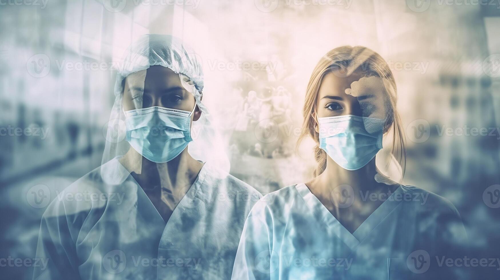 . Team of Doctors and Nurses in Hospital Background. Double Exposure of Healthcare Professionals. . photo