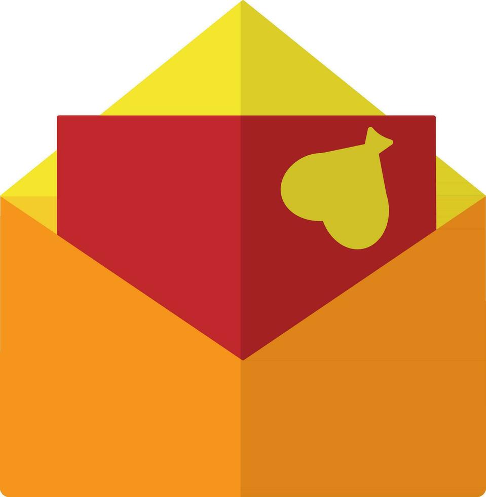 Yellow heart decorated red card in orange envelope. vector
