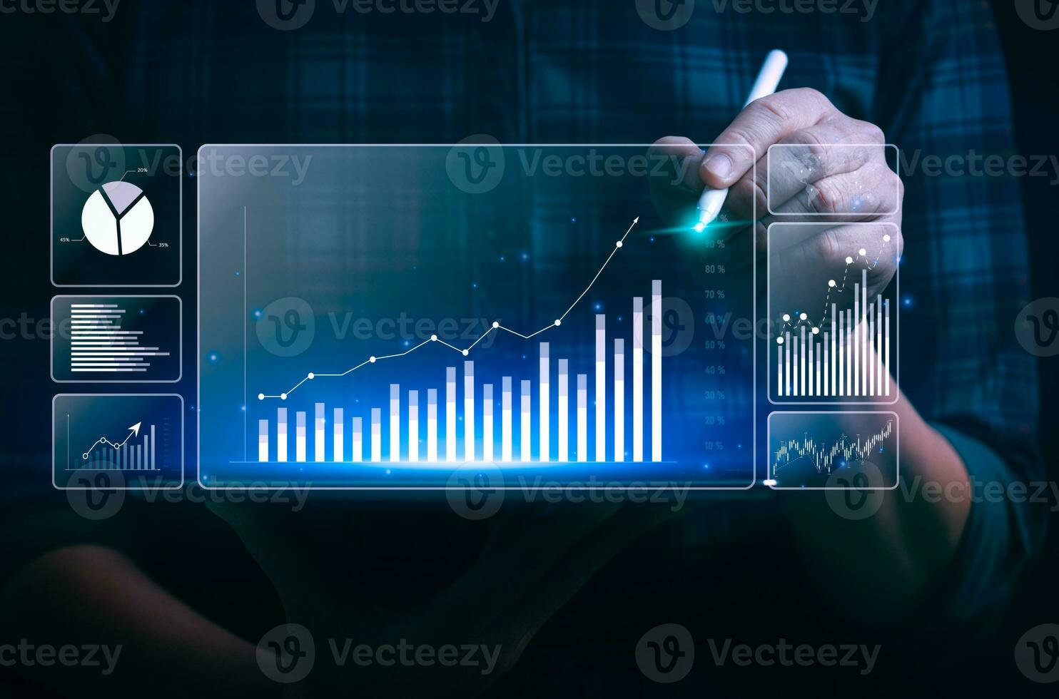 Businessman analyzing business enterprise data management, Business analytics with charts, metrics and KPIs to performance organization. Corporate strategy for finance, operations, sales, marketing photo