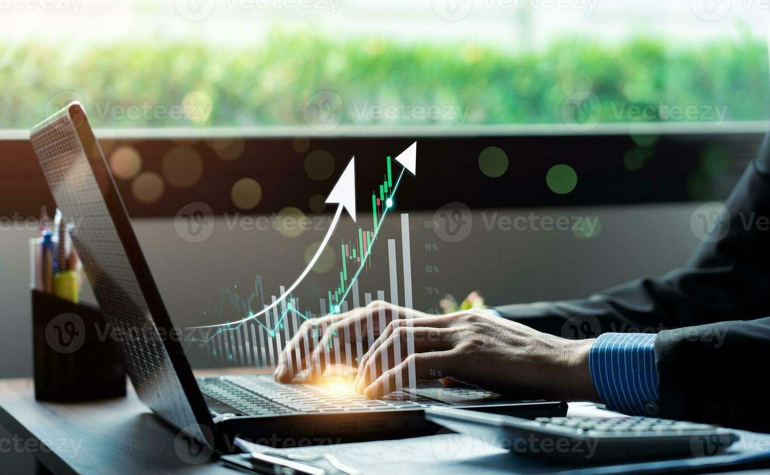 Businessman using laptop and analyzing economic growth, financial graph and business investment. planning strategy, stock market statistics, stock market trends, technical analysis strategy, value photo