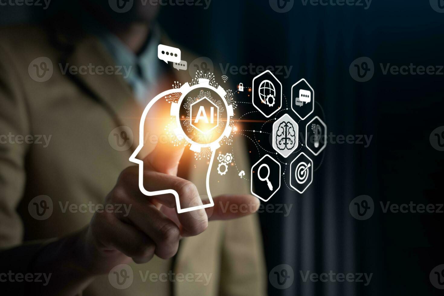 Businessman touching the brain working of Artificial Intelligence Automation, Predictive analytics, Customer service AI-powered chatbot, analyze customer data, business and technology photo