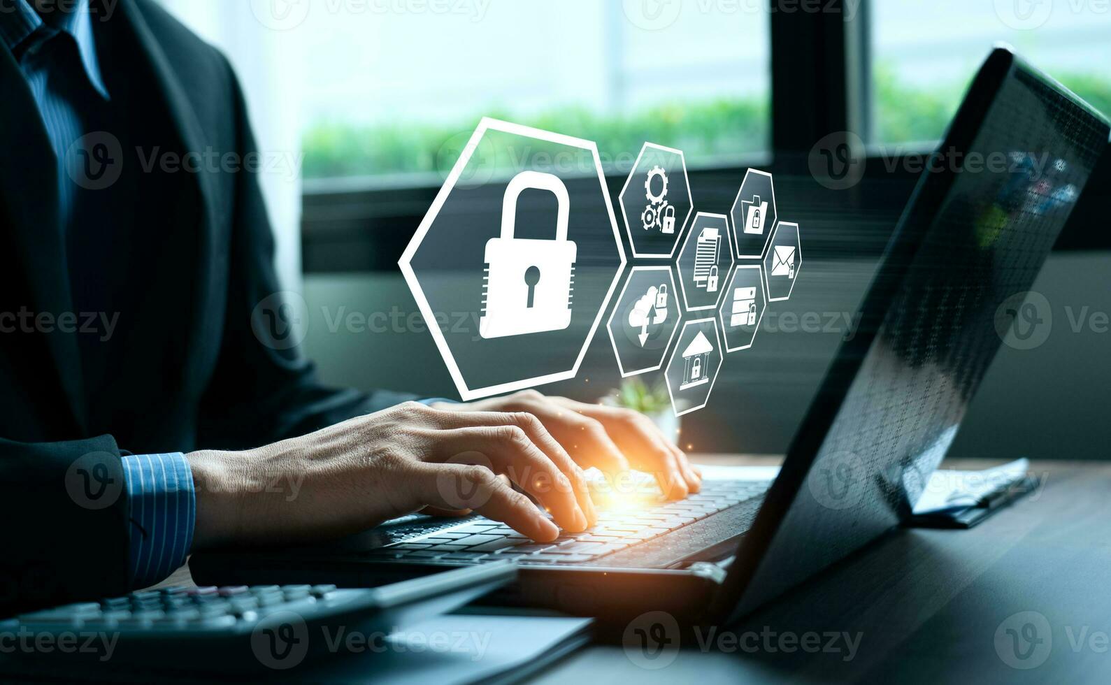 cybersecurity concept global network security technology, Businessman protects personal information Encryption with a padlock icon on the virtual interface. data storage protection photo
