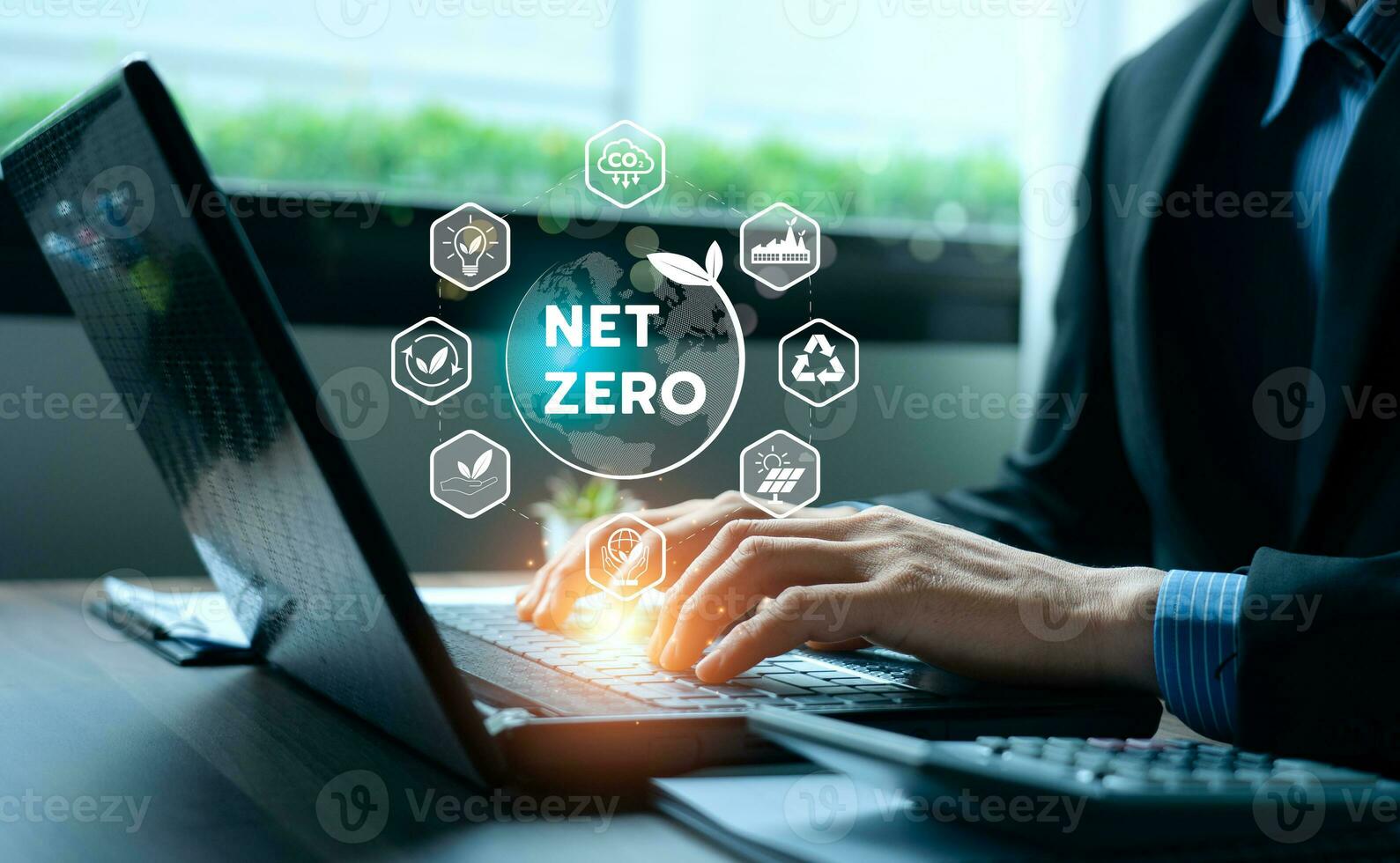 Net zero greenhouse gas emissions target.climate neutral long term strategy.No toxic gases, implementing carbon capture and storage technologies. sustainable future. Net zero by 2050 photo