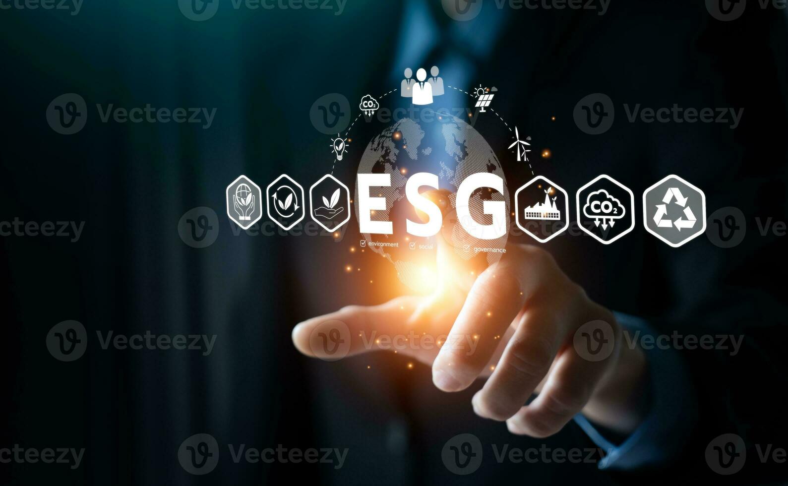 ESG environment social governance investment concept. Businessman touching ESG investment. strategy that considers the environmental, company carbon labor practices, sustainability photo