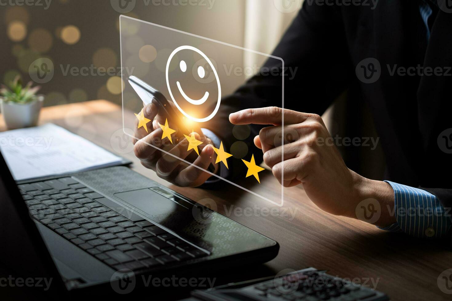 customer satisfaction survey concept. Business people rate service experience and product quality or staff friendliness and overall value for the price. information, amend, improve photo