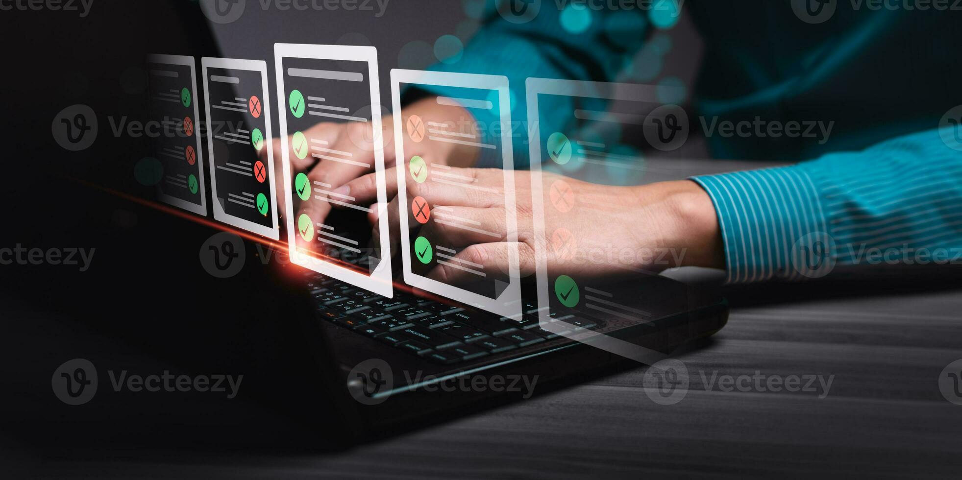 Business performance checklist, businessman using laptop doing online checklist survey, Check marks on checklist and Filling online form or answering questions. evaluation, online survey, online exam. photo