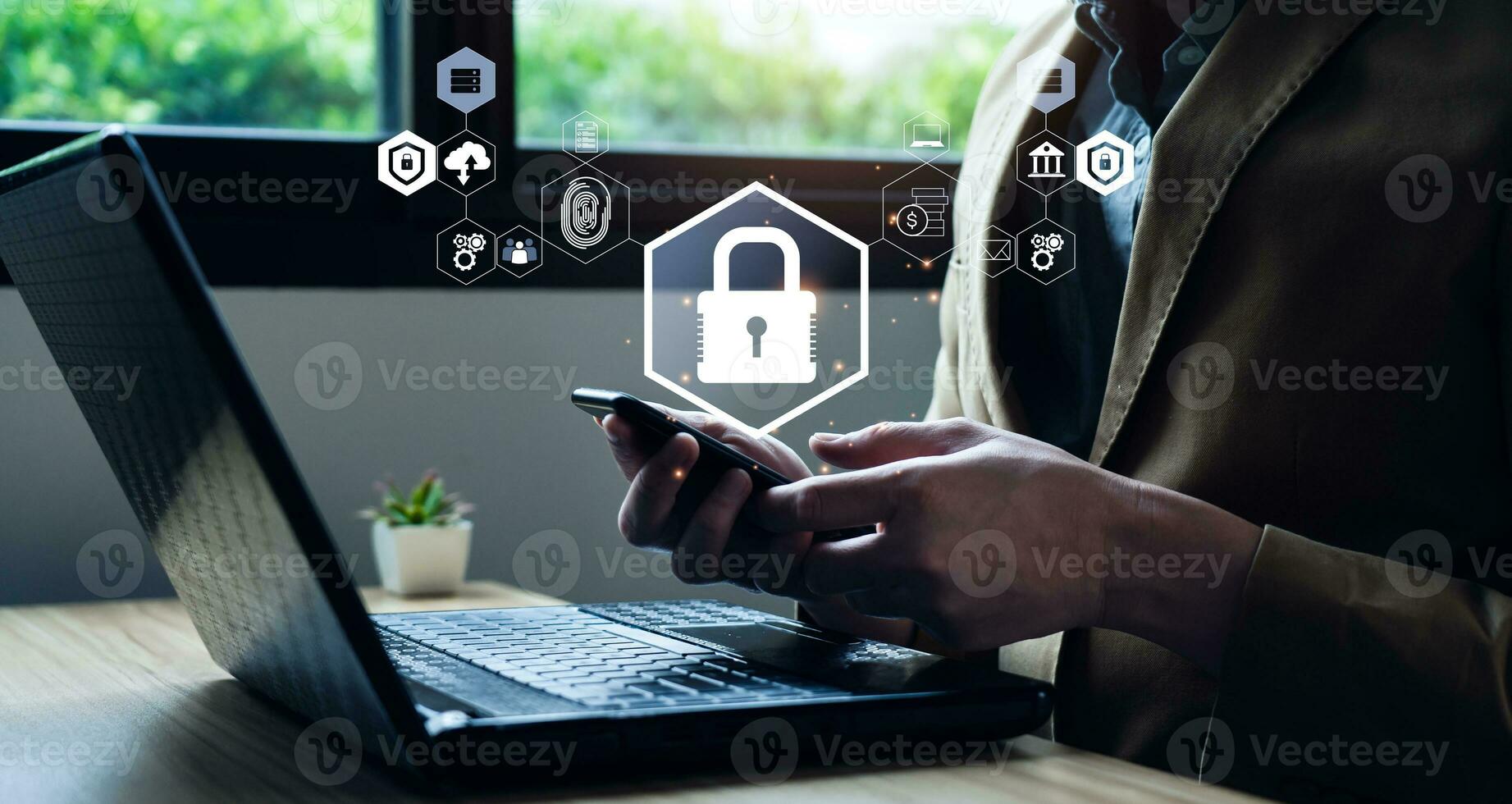 Cyber security and data protection information privacy internet technology concept. Businessmen protecting personal data on laptops and virtual interfaces. Username and password, encryption photo